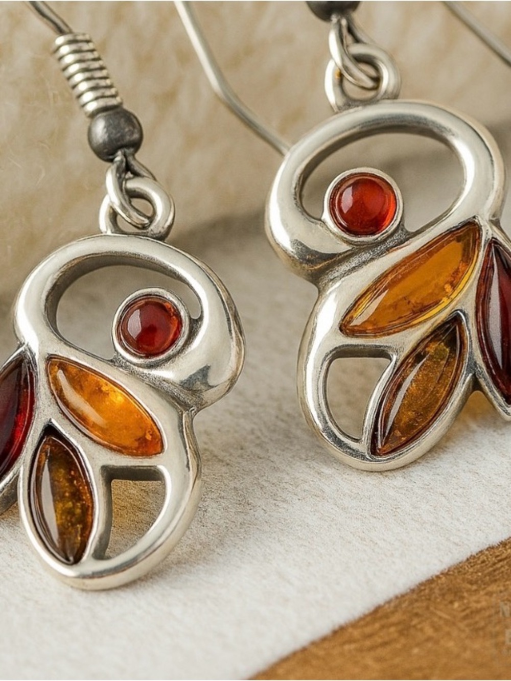 Vintage Amber Leaf Earrings Artisan Silver Abstract 1970s Modernist - Picture 4 of 4
